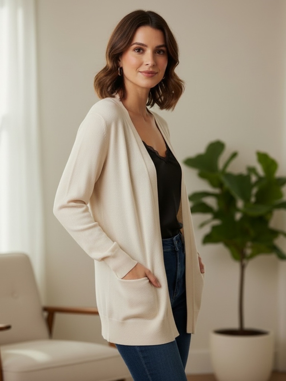 Cashmeren Ivory V-Neck Cardigan 100% Cashmere Women Sweater Size L NWT
